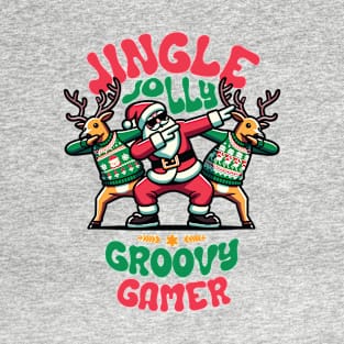Gamer - Holly Jingle Jolly Groovy Santa and Reindeers in Ugly Sweater Dabbing Dancing. Personalized Christmas T-Shirt